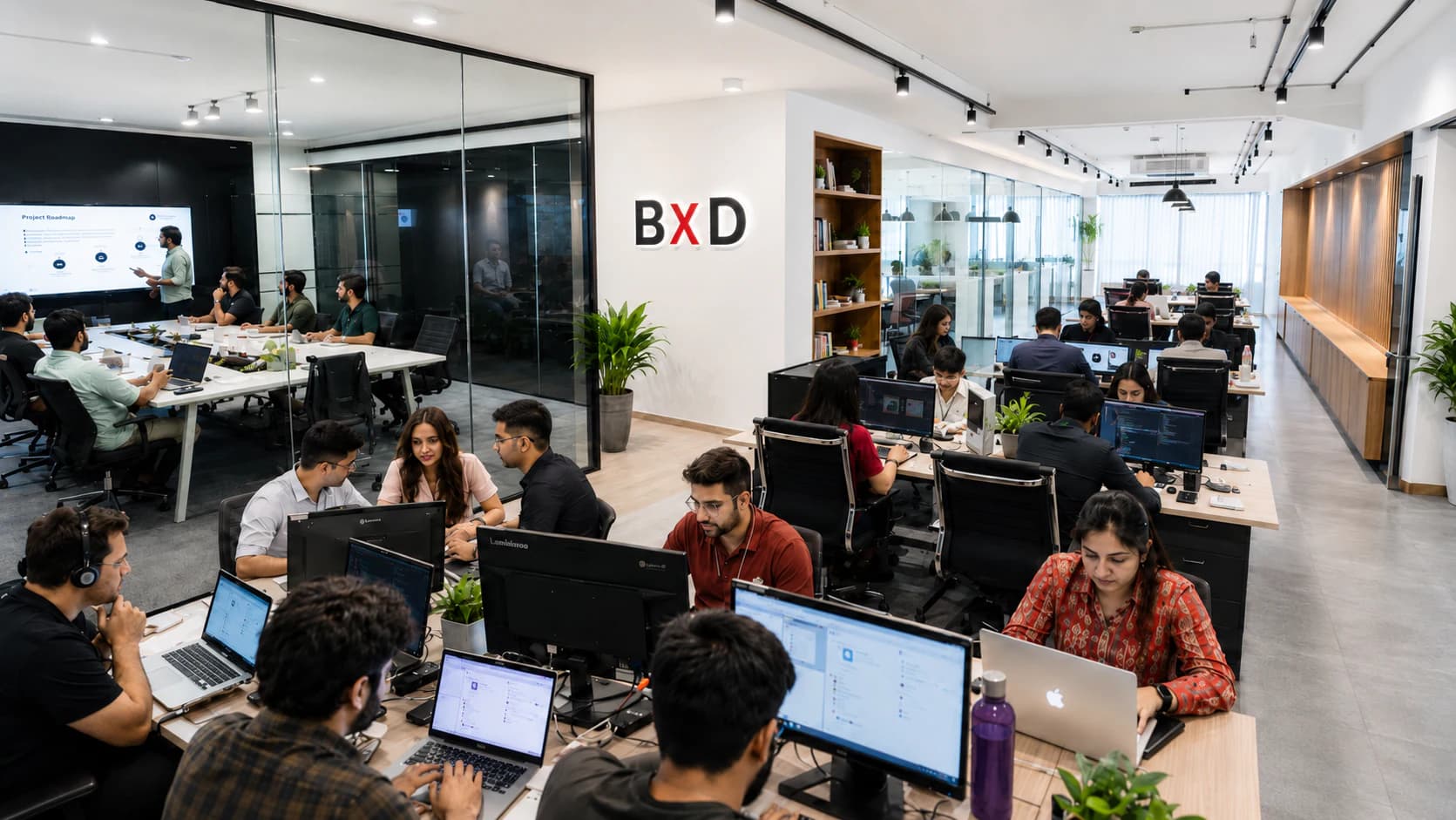 BharatXD software, creative and project teams working together in a digital technology office